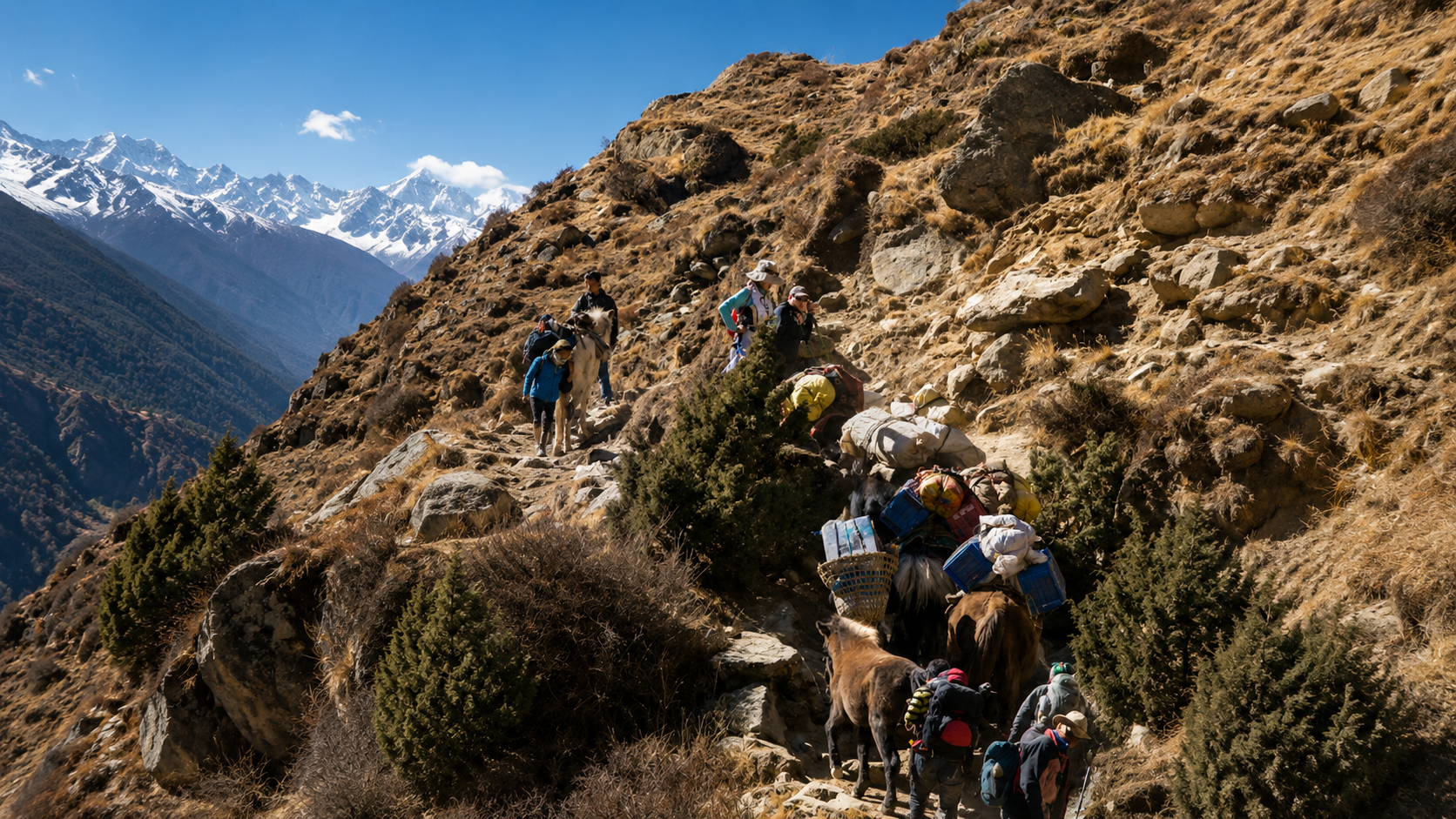 Loaded pack animals on a narrow unprotected mountain trail in Nepal